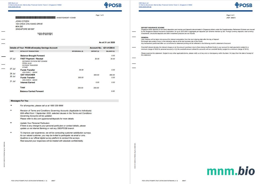 Singapore DBS Bank statement szablon Worda i PDF, version 2